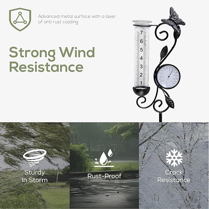 Rain Gauge Outdoor, Black Butterfly Rain Gauge with Thermometer for Measuring Precipitation, Garden Decoration,Yard Garden Patio Lawn (Black Butterfly)