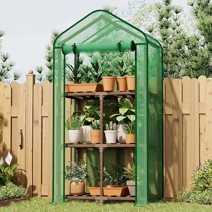 Bamworld Mini Greenhouse for Indoor Outdoor 22 x 16 x 66-Inch Small Plant Green Houses with 3-Tier Plant Shelves Portable with Green PE Cover for Garden and Backyards Ideal Gardening Gifts for Lovers