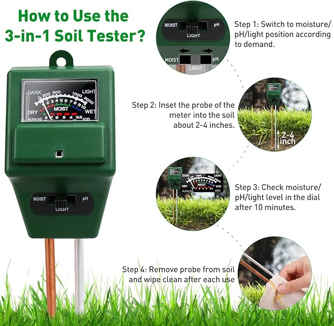 Soil Moisture Meter, 3-in-1 Soil Test Kit for PH/Moisture/Light, PH Tester Water Meter for Plants Indoor Outdoor, Soil Hygrometer Testing Probe Sensor Analyzer Detector for Lawn Farm Gardening Tools