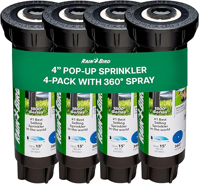 Rain Bird 1804FSPRS Pressure Regulated 1800 Series Dual Spray 4 Inch Pop Up Sprinkler Head, 4 Pack - Water Efficient Lawn Sprinkler with 360 Degree Pattern, 1/2 Inch NPT, Up to 15 Ft Spray Distance