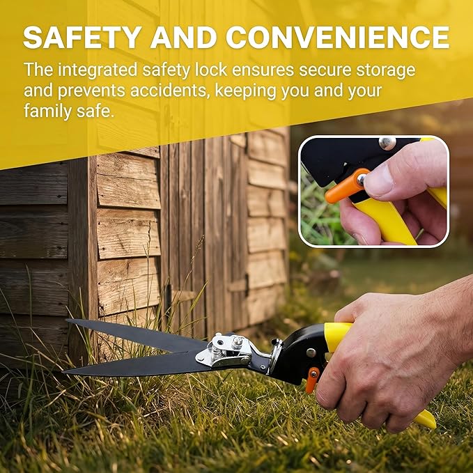 Grass Shears with 90° Rotatable Head, Hand Clippers for Lawn Edges and Garden Trimming, Safety Lock, Spring-Loaded