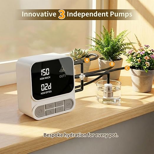 Automatic Plant Waterer for 15+ Indoor Plants, 3-Pump Independent Control Drip Irrigation System, 2600mAh Rechargeable Self Watering System with Timer, Anti-Siphon Design, HD LCD Display