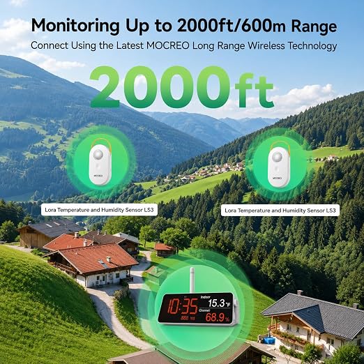 MOCREO WiFi Indoor Wireless Thermometer Hygrometer, 2000ft Long Range Temperature Humidity Sensor Monitor with Large LCD Display & Remot App Alert, 2-Year Free Data Export, for Patio, Garage, Basement