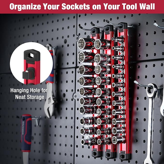 WORKPRO Magnetic Socket Organizer, 1/4-Inch Drive Aluminum Alloy Socket Rail, Heavy Duty Socket Holder, Socket Rack Kit 1/4-Inch x 12 Clips (Red)