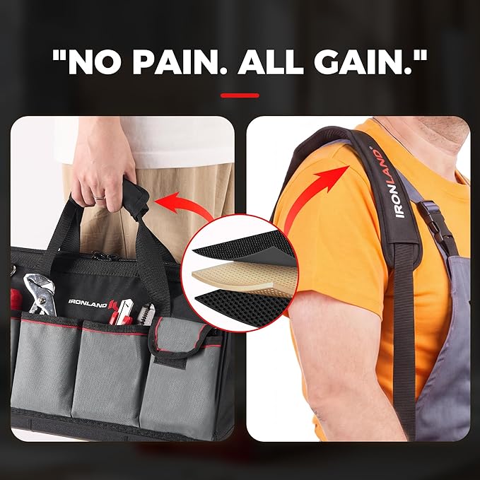 IRONLAND 16.5 Inch Hard & Sturdy Bottom Tool Bag Organizer for Men, Waterproof Heavy Duty Tool Bag with Handle & Large Zipper, Ideal for Mechanics Electrician Handyman Hvac, Great Gift for Dad
