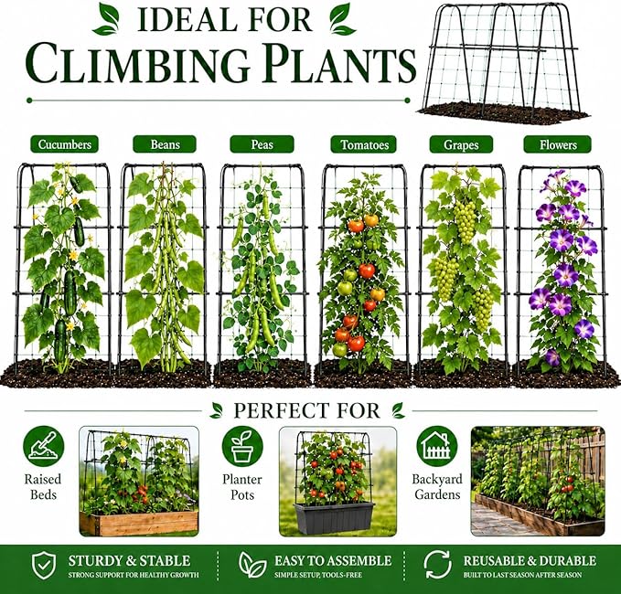 FOLLOOK Cucumber Trellis for Raised Garden Bed, Rustproof Metal Garden Arch Trellis for Climbing Plants Support Outdoor Fruit Grape Vine Vegetable Tomato Pole Bean Snap Pea Trellis, 48x48inch, Black