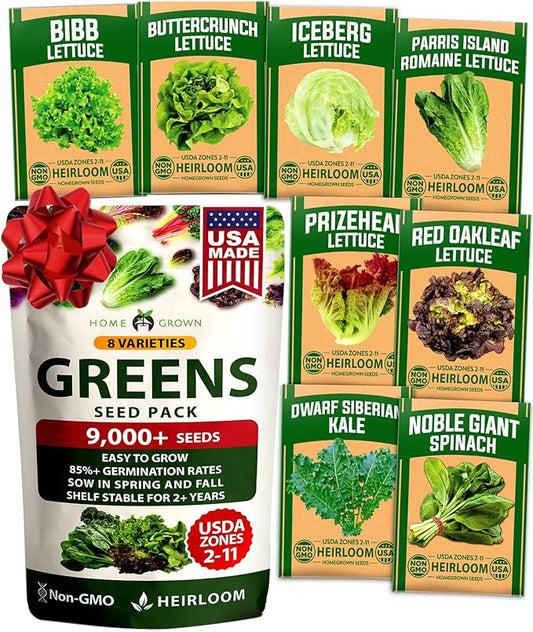 HOME GROWN Lettuce Seeds 8 Variety Mix 9000+ Bulk Pack Heirloom Non-GMO, High Germination, Romaine, Bibb, Buttercrunch, Leafy Greens,Indoor Outdoor Hydroponic Garden, Cut & Come Again (Lactuca sativa)