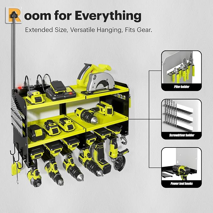 Spampur Power Tool Organizer, 15 Min Quick Assembly & Max 420lb Load by Heavy Duty Metal, 6 Slots for Cordless Drill with 4 Outlet Power Strip in Garage/Workshop/Suitable for Thanksgiving/Christmas