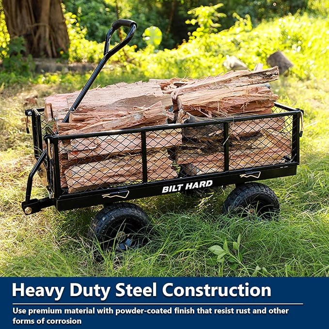 BILT HARD 10" Flat Free Tires Heavy Duty Garden Cart with 180° Rotating Handle and Removable Sides, 4 Cu.Ft 400 lbs Capacity Utility Steel Wagons for Outdoor