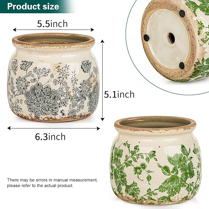 Sungmor Set of 2 Farmhouse Ceramic Planters with Drainage Hole,Vintage Crackle Glaze Flower Pots, Tuscan Decor Pots for Indoor/Outdoor Herbs,Succulents and Small Flowers