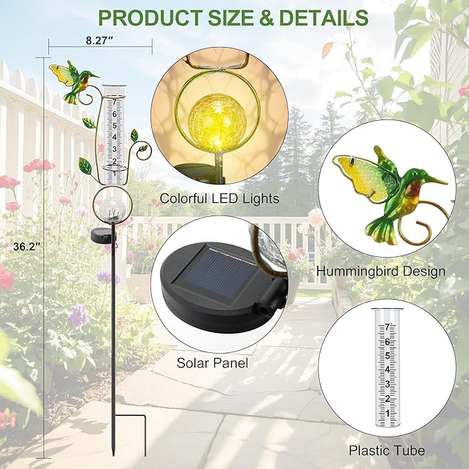 Rain Gauge Outdoor, for Women/Mom/Grandma, Upgraded Solar Rain Gauges Hummingbird with Color Changing LED Cracked Ball Lights 7" Measuring Cup for Yard Lawn Garden Decor