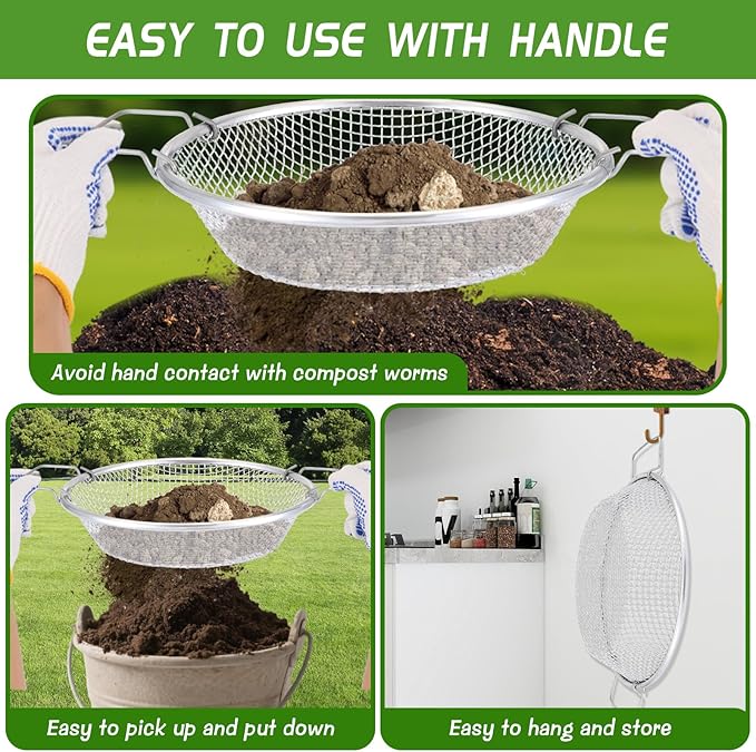 2PCS Mesh Soil Sifter for Gardening,Compost Sifter with Handles for 5 Gallon Buckets,Garden Sieve Rock Sifters for Captures Dirt Rocks Sawdust Includes Gloves