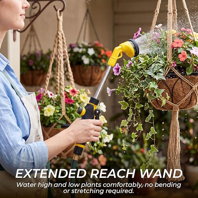 Hushee 2 Pack Garden Hose Watering Wand, 17.7 Inch Metal Watering Wand with 10 Spray Patterns and Shut Off Valve, Hose Sprayer Nozzle for Hanging Baskets Shrubs Plants Garden Lawn(Yellow)