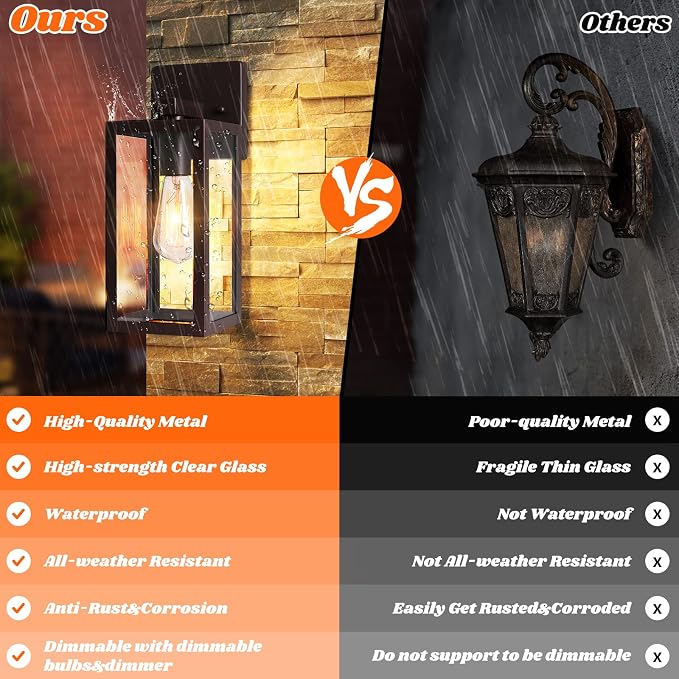 Brightever 2-Pack Outdoor Wall Light Fixtures, Brown Waterproof Anti-Rust Exterior Wall Sconce Lantern with Clear Glass, Modern Outside Front Porch Lights for House Garage Doorway, Bulbs Not Included