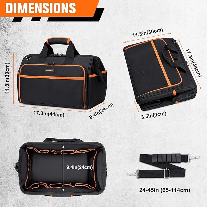 AUROPEAK Heavy Duty Tool Bag 17.3-Inch, 26-Pocket Large Organizer for Men Women with Adjustable Shoulder Strap, Waterproof, Foldable for HVAC Electricians Mechanics Craftsman Contractor