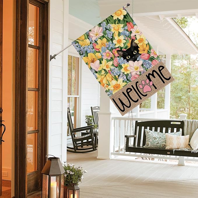 AVOIN colorlife Spring Floral House Flag 28x40 Inch Double Sided Outside, Black Cat Welcome Seasonal Yard Outdoor Flag