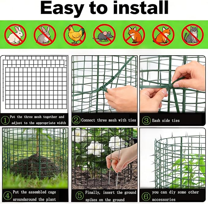 3 Pcs Plant Protector from Animals 12x16 Inch Metal Wire Mesh Garden Plant Cages for Gardening Supplies – Garden Plant Protectors with 30 Cable Ties, 9 Stakes & Gloves