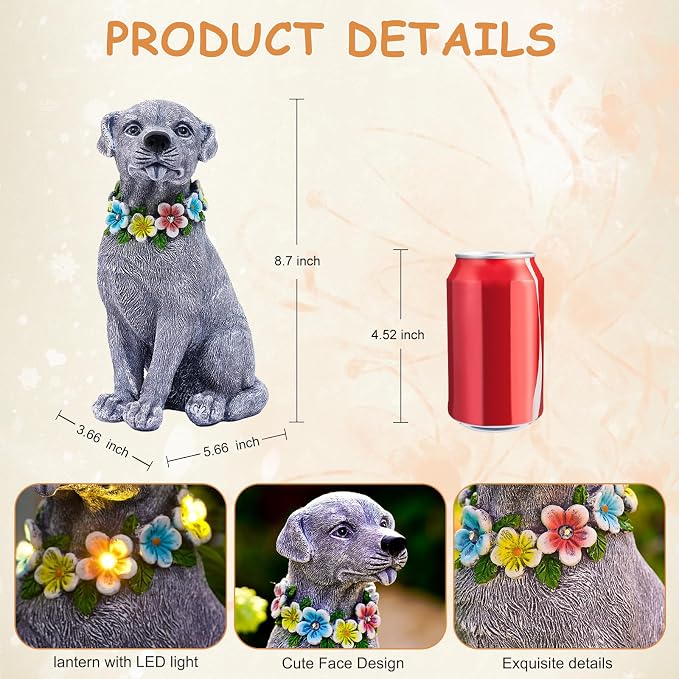 Solar Dog Garden Decor - Resin Dog Decor with Flowers LED Lights Garden Statue Yard Lawn Decor - Ideal Dog Gifts for Mom Women（Gray）