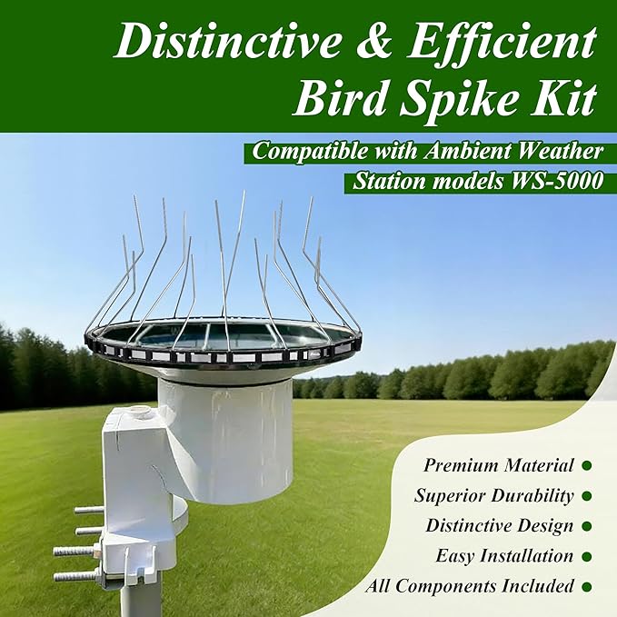 Bird Spikes Compatible with Ambient Weather WS5000, Adjustable Weather Station Bird Spike Kit with Stainless Steel Locking Ties & Wires for Rain Gauge Funnel Protection, Black