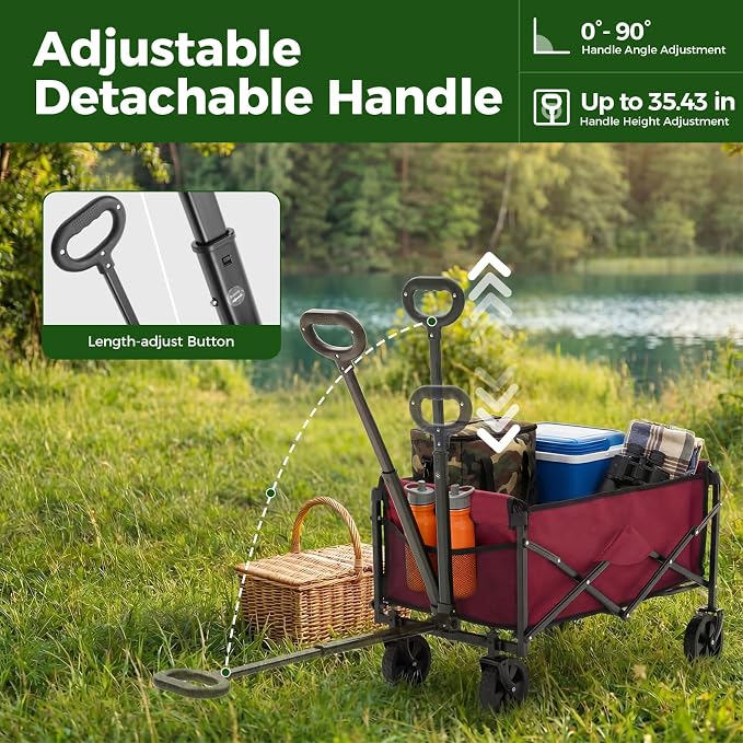 OLIXIS Collapsible Wagon 67L Compact Lightweight Utility Folding Wagon Cart with Wheels – 220 lbs Weight Capacity, Flexible Handle for Beach, Grocery, Camping, Shopping, Sports & Garden, Red