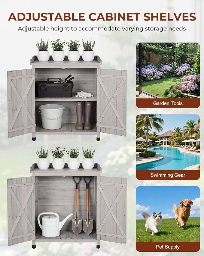 Outdoor Potting Bench with Metal Top, Wooden Garden Storage Cabinet & Tool Shed, Weather-Resistant Workstation for Patio, Backyard, Poolside (Gray)
