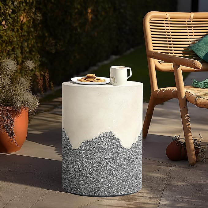 LuxenHome Gray and Cream Round Outdoor Side Table 18 Inch End Tables for Patio, Garden Small Accent Decorative Stool, Plant Stand Drum Table Indoor and Outdoor