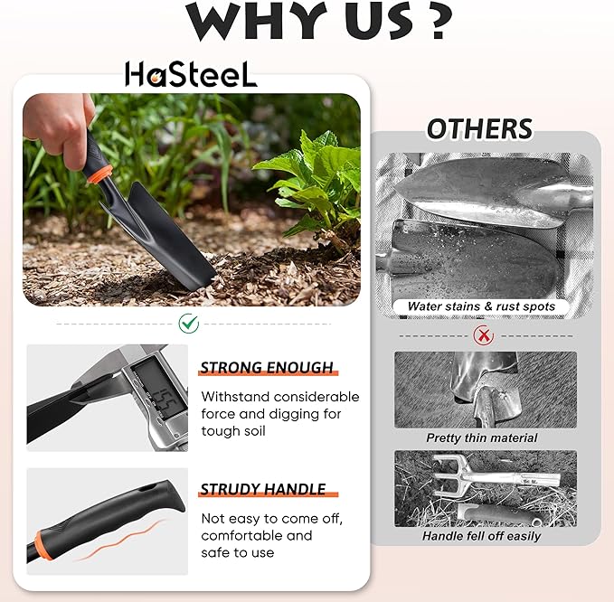 HaSteeL Garden Tools Set, 11 Pcs Gardening Supplies Hand Tool Kit for Women Men Gardeners, Include Tote Bag, Reportting Mat, Transplant Trowel, Rake, Pruner for Outdoors