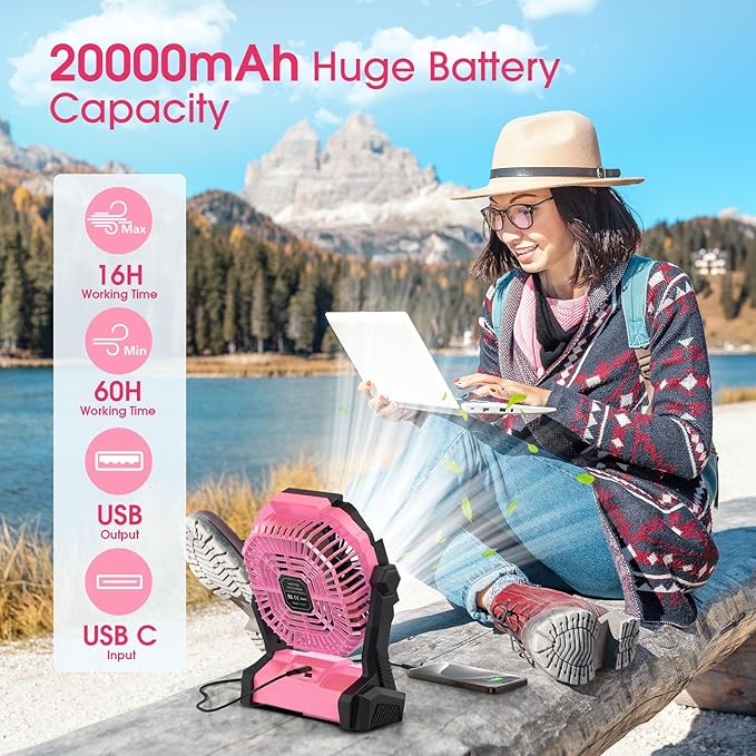 ONLYNEW Portable Fan Rechargeable, 20000mAh Cordless Battery Powered Table Fan with LED Lantern Battery Operated for Camping Tent Office Beach Desk Fishing Travel Home