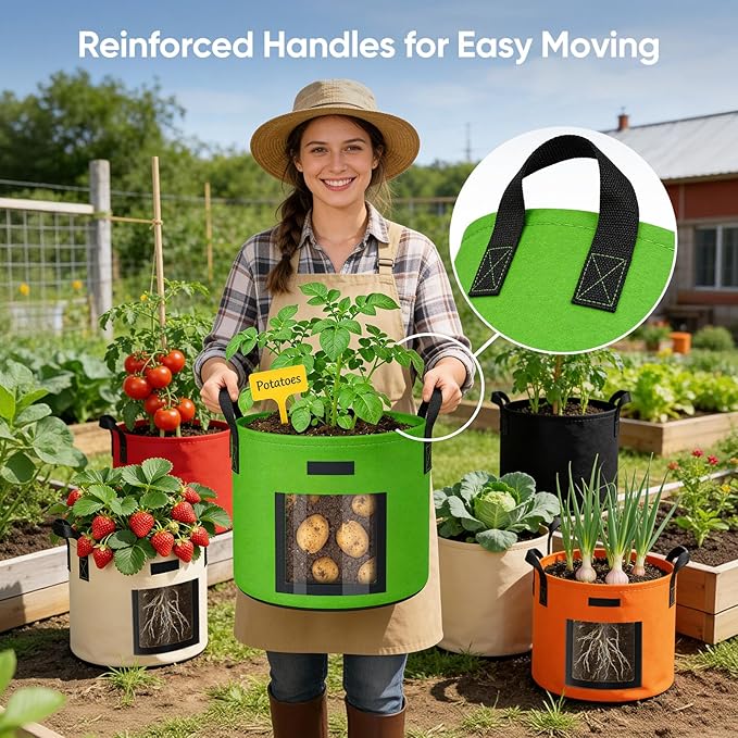 10 Gallon Potato Grow Bags: 5 Pack 350G Heavy Duty Thickened Grow Bags with Clear Harvest Window & Durable Handles - Felt Nonwoven Fabric Pots Planting Container for Plants Vegetable Flowers Herbs