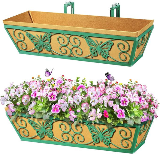 2 Pack 24 Inch Window Boxes Planters Railing Planter Box with Adjustable Brackets for Porch Fence Patio Balcony Hanging Flower Baskets with Woven Fabric for Outdoor Garden Decor - Green