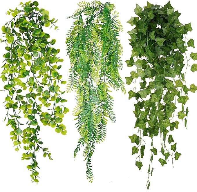 NiHome 8-Pack Artificial Hanging Plants, Fake Plant Hanger Indoor Outdoor Decor with 6 Ivy 1 Eucalyptus 1 Fork Fern Vines, Water-Resistant Faux Hanging Plant for Ceiling Wall Patio Garden Home Decor