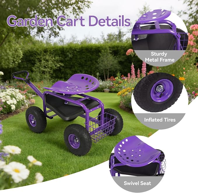 Rolling Garden Cart - Outdoor Workseat with Wheels, Heavy Duty Garden Tool Cart with Storage Bracket and Tool Tray for Yard, Planting Gardening Work (Purple)