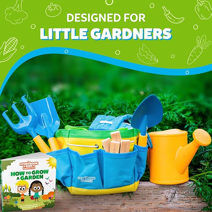 Kids Gardening Set – Toddler Gardening Kit Includes Watering Can for Kids, Shovel, Rake, Plant Stakes, Kids Gardening Gloves, Tote Bag & STEM Learning Gardening Guide Book - Garden Tool Set Blue