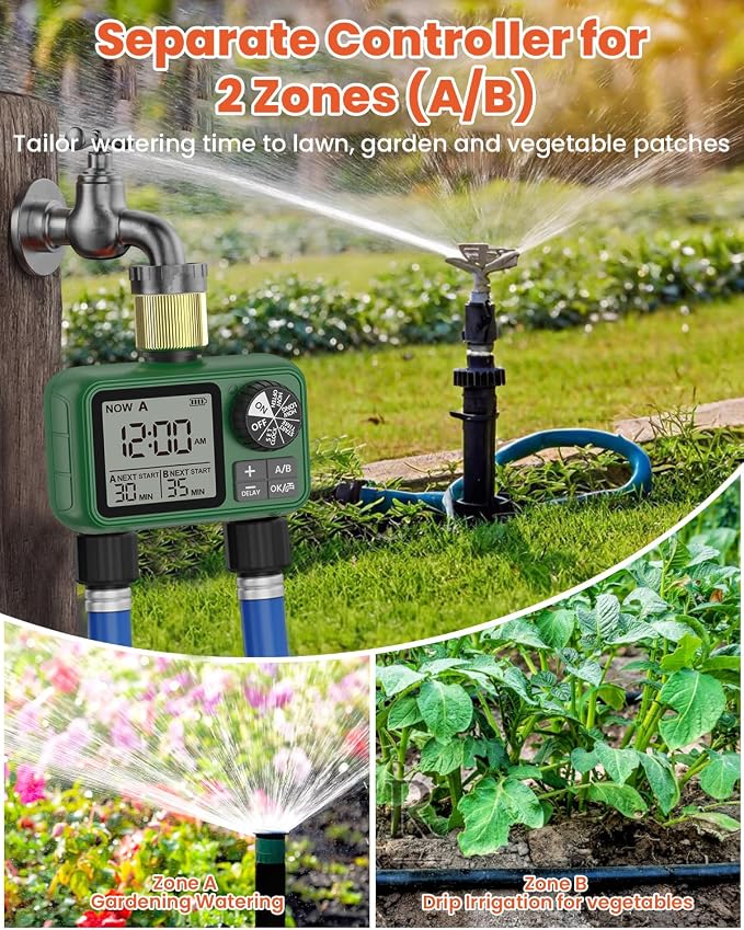 Water Timer for Outdoor Garden Hose, Sprinkler Timer for Garden Faucet with Auto/Manual/Rain Delay Mode, Sprinkler Irrigation Controller for Yard Lawn (2 Zones Brass Inlet & Outlet)