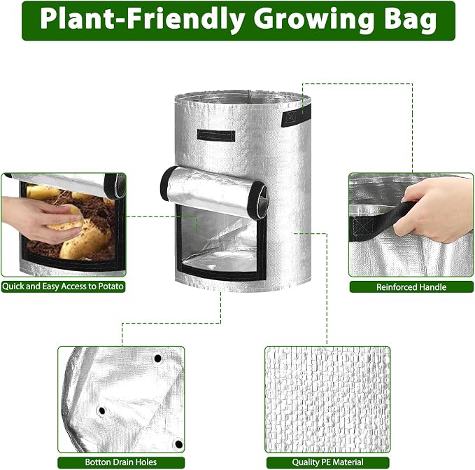 JJGoo Potato Grow Bags, 4 Pack 10 Gallon Potato Planter with Flap and Handles Planter Pots for Onion, Fruits, Tomato, Carrot - Grey