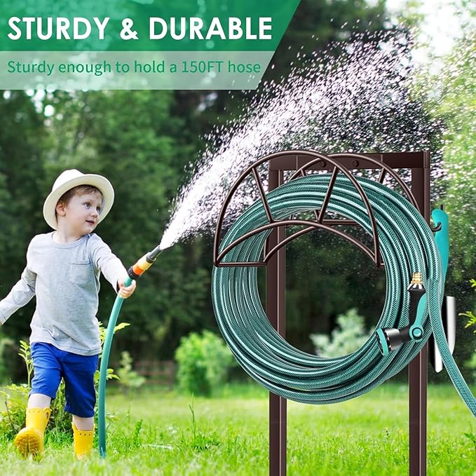 TomCare Garden Hose Holder Upgraded 4 Spikes Water Hose Holder with 2 Tool Hooks Sturdy Hose Reel Holds 150ft Hose Freestanding Hose Stand Hose Hanger Hose Storage for Outside Yard Lawn, Bronze