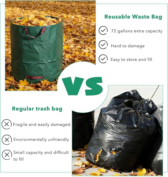 72 Gallon Yard Waste Bags with 1 Pair Garden Gloves, 2 Pack Leaf Bags Reusable with Reinforced Handles, Heavy Duty Lawn Trash Bag for Party and Camping Trash Recycling