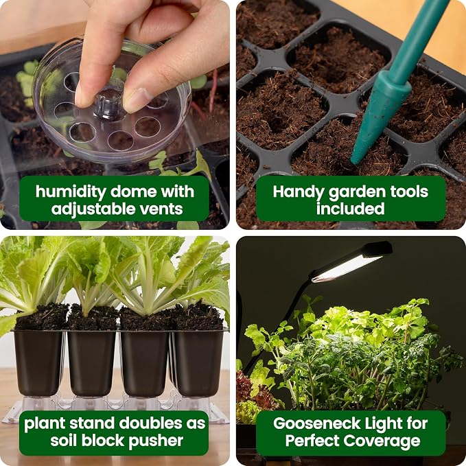 SOLIGT 144 Cell Self Watering Seed Starter Trays with 2 Grow Lights, 6 Seed Starter Kit with Humidity Domes, Full Spectrum Seedling Light with 8/12/18H Timer for Seed Starting, Seedling Growing
