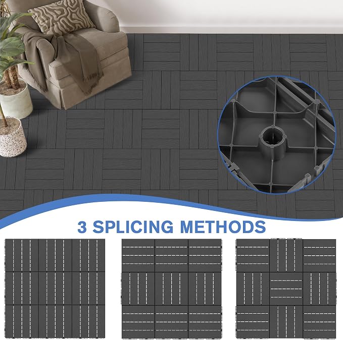 MYFAMIREA 36 Pcs Plastic Interlocking Deck Tiles 12" x 12" Patio Floor Decking Tiles Indoor Outdoor Waterproof Non-Slip Flooring Tiles All Weather Use for Balcony Backyard Porch Poolside, Dark Grey