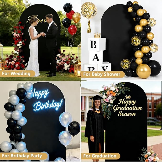 Metal Arch Backdrop Stand and Cover Set, 7.2FT Gold Wedding Backdrop Arch Frame Stand with Cover, Balloon Arch Stand with Black Arch Cover for Party Birthday Baby Shower Graduation Decorations