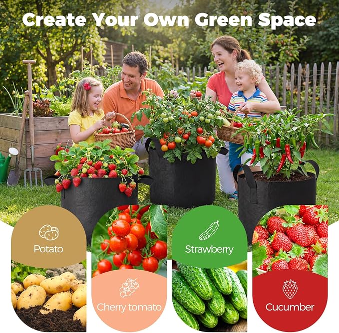 5-Pack 5 Gallon Self Watering Grow Bags with 5pcs Terracotta Watering Spikes, Fabric Growing Plant Bags Garden Planting Pots for Gardening Outdoor, Planter Bags for Potato Tomato Cucumbers Vegetables