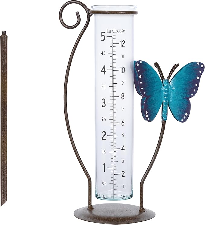 La Crosse 704-4645B 5 inch Capacity Glass Blue Butterfly Rain Gauge with Ground Rod