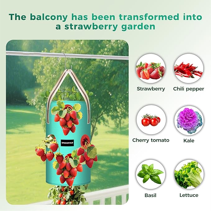 3 Pack Hanging Strawberry Planter Bags, 10 Gallon Hanging Grow Bags with Bottom Planting Hole, Thickened PE Strawberry Pot for Vegetables Herbs Tomatoes