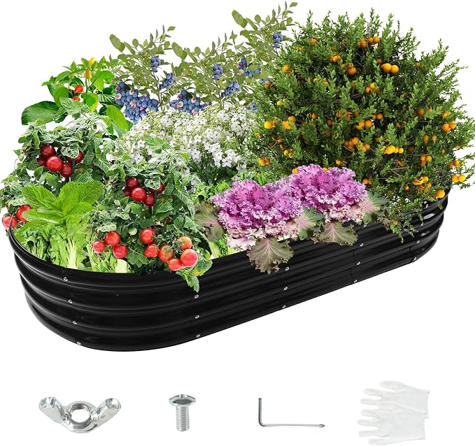 YSEJOMP 6X3X1 FT Oval Galvanized Metal Garden Raised Bed/Plant Box for Planting,36 Inches Diameter Iron Fire Pit Ring,Small Animal Fence-3 in 1 Modular Design in Black (Black, 72X36X11.5 Inches)