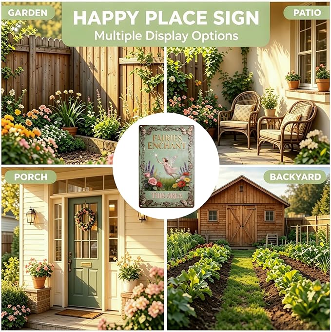 2D Flat Funny Garden Signs, Fairies Enchant This Area Vintage Garden Decor, Outdoor Wall Decor for Patio Yard Greenhouse Home, Waterproof Garden Gifts 8x12 Inch