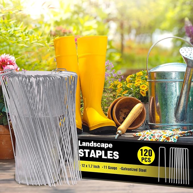 120 Pack 12 Inch Landscape Staples, Garden Stakes 11 Gauge Galvanized Ground Staples Lawn Yard Tent Fence Stakes Landscaping Fabric Pins for Gardening Secure Outdoor Decorations