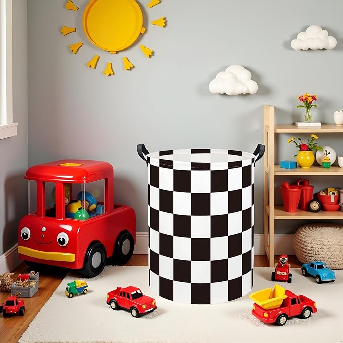 Baby Laundry Basket Kids Hamper Toy Storage Bin for Boys Room Decor Baby Nursery Hamper Gift Baskets for Bedroom Bathroom(Race Flag)