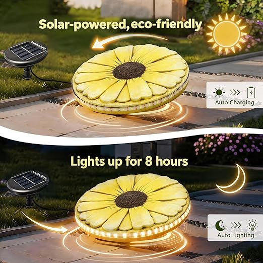 Solar Stepping Stone that Lights Up at Night, 10" Cement Daisy Flower Garden Path Stone, Non-Slip Weather-Resistant Outdoor Yard Walkway Decor (Yellow)