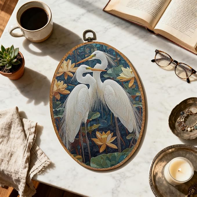 DOFQZ Vintage Chinoiserie Egret Couple Oval Wall Art Decor, Japandi Japanese Crane Egret Framed Wall Art, Spring Waterlily Bird Walls Hanging Decor for Home Bedroom Living Room, 8.5x11.5 Inch