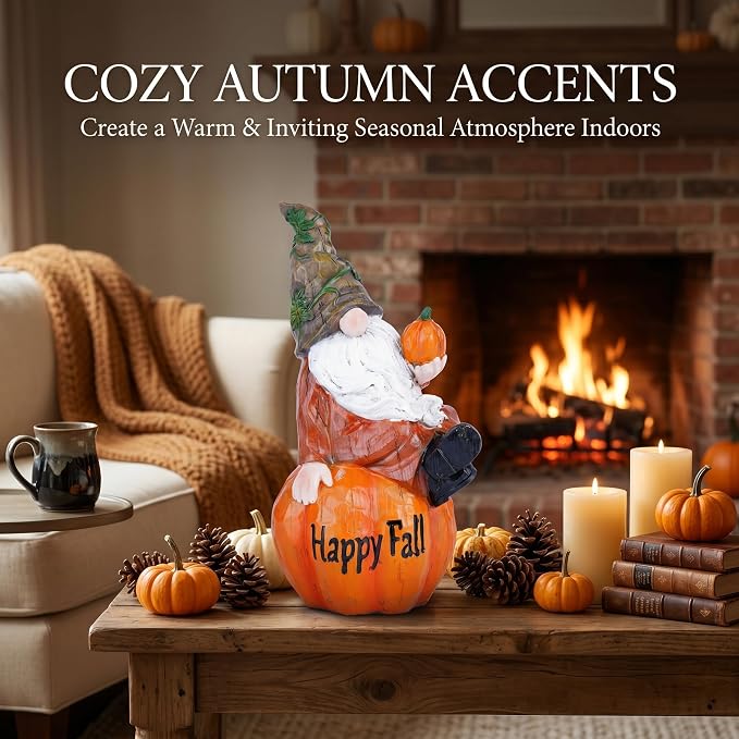 Topadorn Fall Garden Gnome Figurine Sitting on Pumpkin Statue Autumn Harvest Garden Gnomes Statue Figurine for Patio Yard Lawn Porch Decoration, Happy Fall